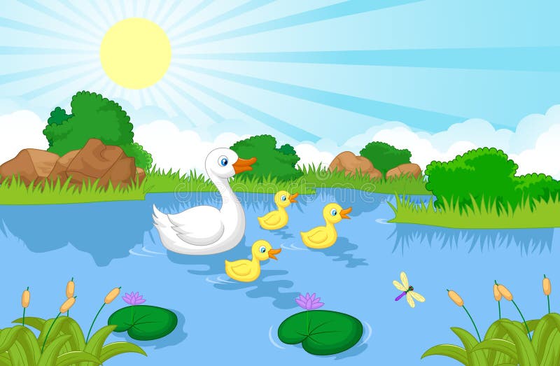 Illustration of Duck family cartoon swimming