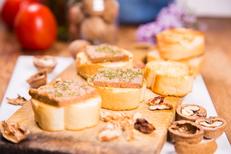 Duck pate on bread stock photo. Image of cracker, green 73309472