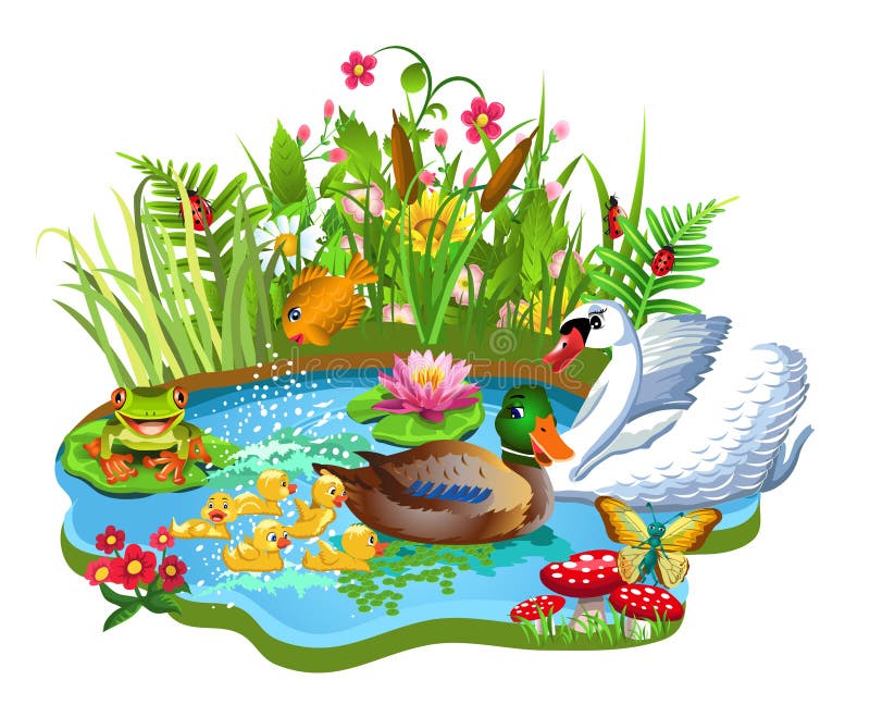 Ducken Sie Teich mit Fröschen, Schwan, Entlein und Fischen stock abbildung
