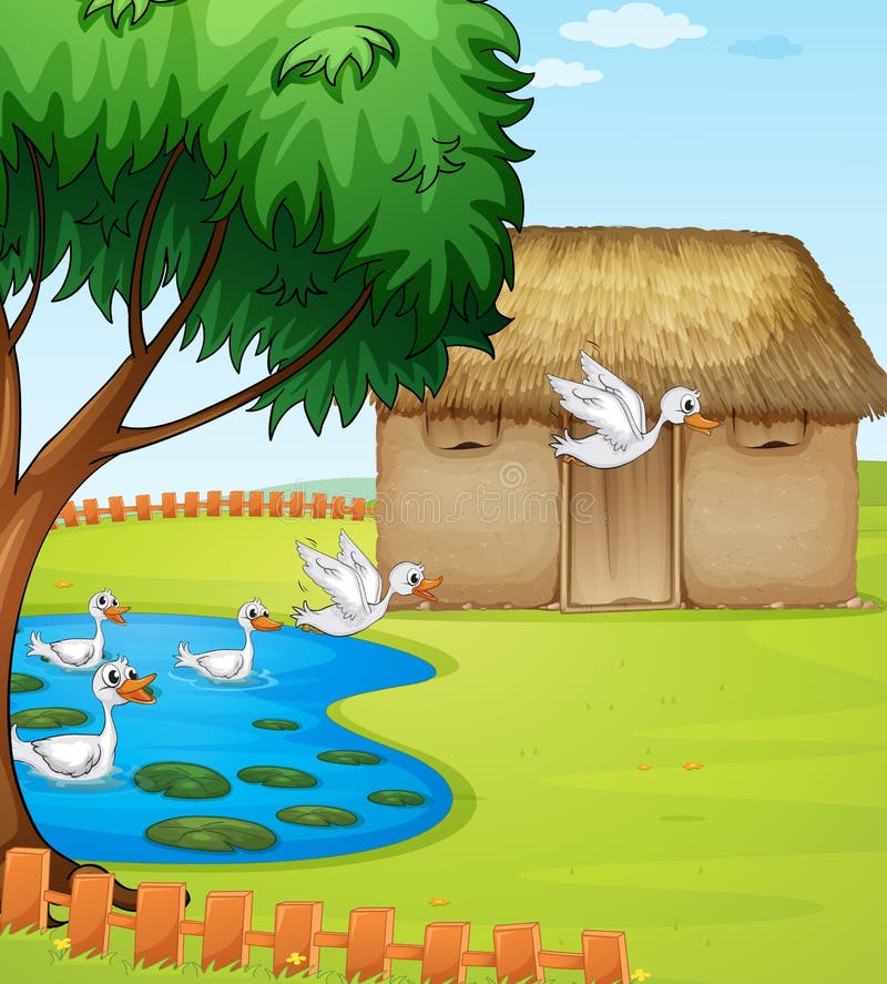 Ducks, a House and a Beautiful Landscape Stock Vector Illustration of