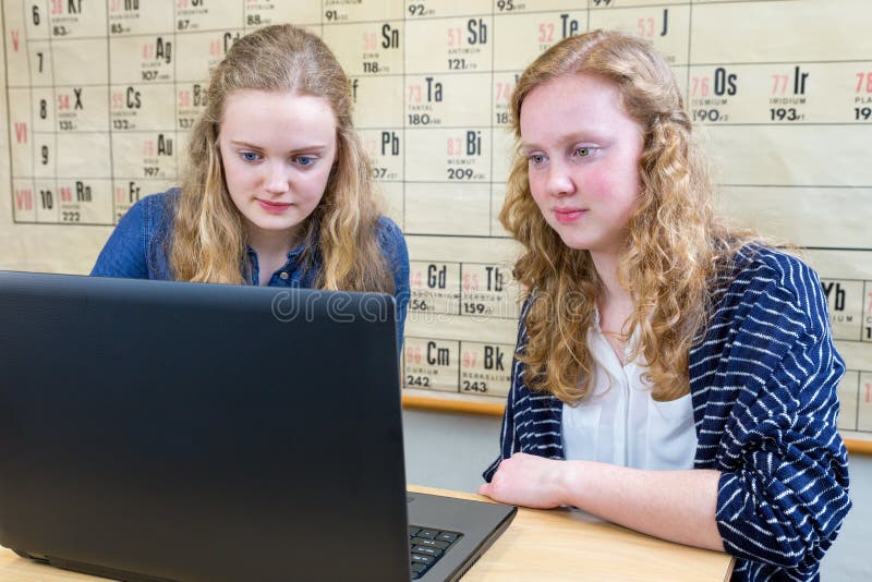 Due adolescenti olandesi che lavorano al computer nella lezione di chimica fotografia stock libera da diritti Due adolescenti olandesi che lavorano al computer nella lezione di chimica fotografia stock libera da diritti