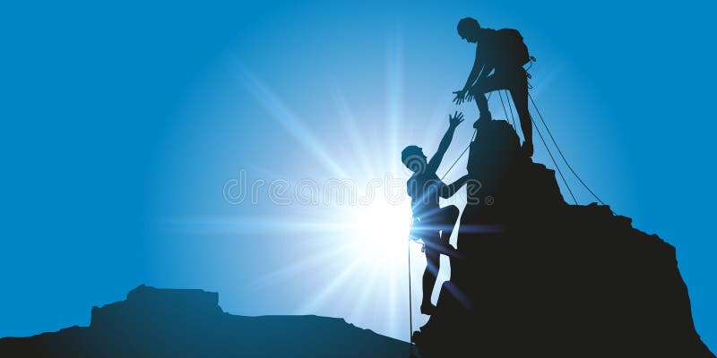 Due alpinisti raggiungono fuori per raggiungere la sommità illustrazione vettoriale Due alpinisti raggiungono fuori per raggiungere la sommità illustrazione vettoriale