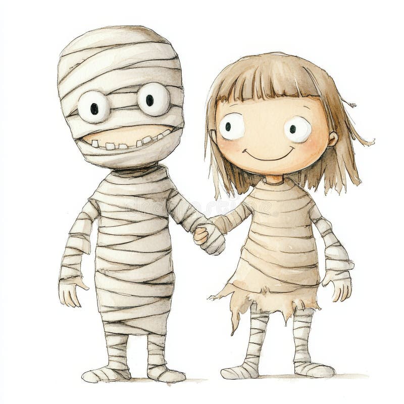 Due bambini carini in costumi mummia per Halloween mano in mano che incarnano amicizia e divertimento. la illustrazione vettoriale