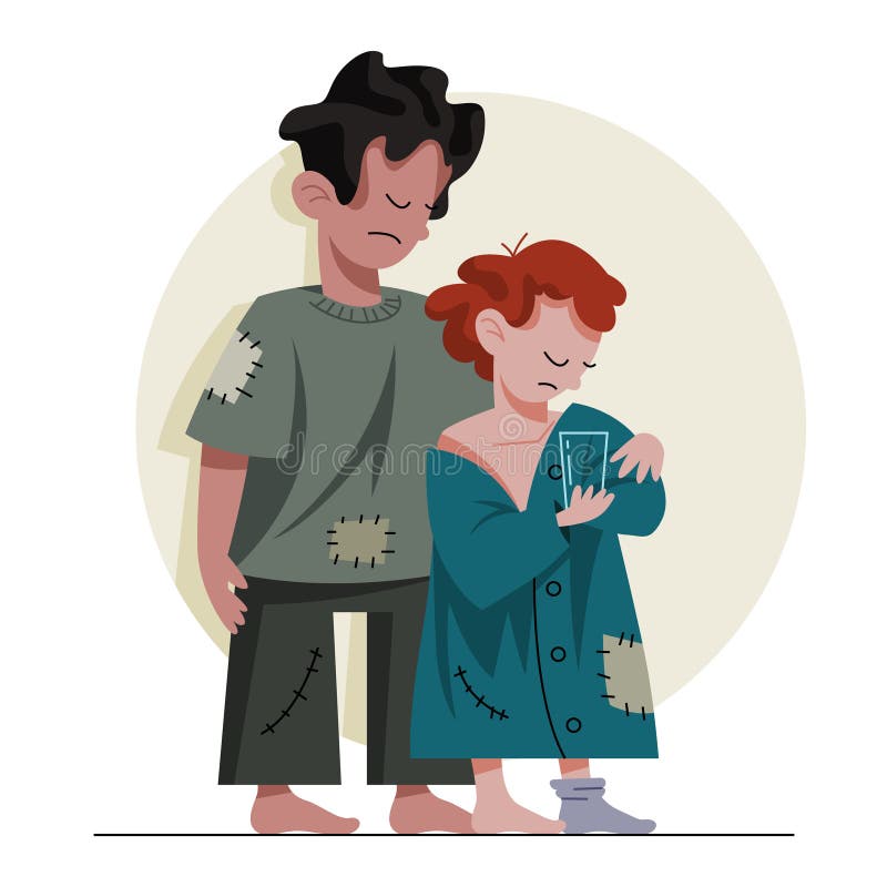Two poor kids. Sad children in dirty and dud clothes asking for help. Homeless people. Vector illustration in cartoon style. Two poor kids. Sad children in dirty and dud clothes asking for help. Homeless people. Vector illustration in cartoon style