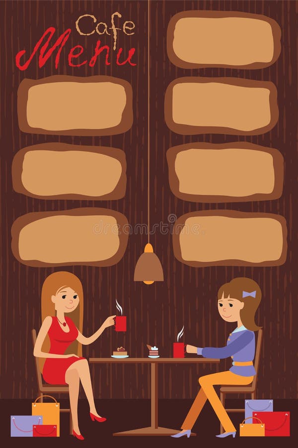 Due belle donne stanno sedendo in un caffè Vector l'illustrazione del menu del modello, dell'opuscolo, del caffè delle alette di illustrazione di stock Due belle donne stanno sedendo in un caffè Vector l'illustrazione del menu del modello, dell'opuscolo, del caffè delle alette di illustrazione di stock