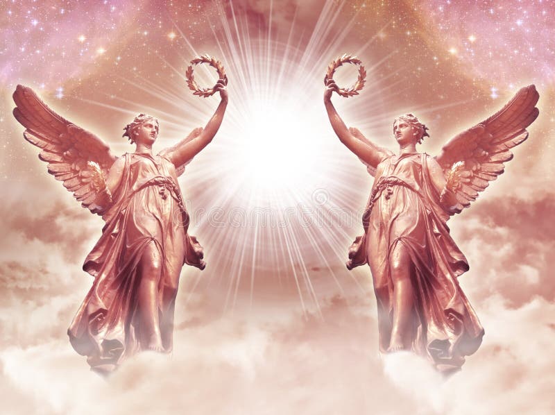 Two angels archangels with divine rays of light like spiritual and religious concept in beautiful pink and white colors and many stars. Two angels archangels with divine rays of light like spiritual and religious concept in beautiful pink and white colors and many stars