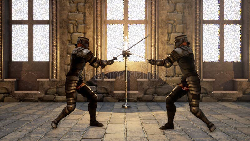 Due cavalieri in armatura medievale si combattono con le spade rappresentazione 3d