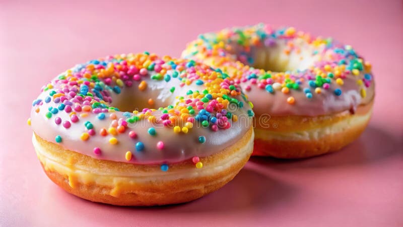 Due ciambelle amovibili congelate con ghiacciatura al pastello e spruzzature vibranti poggiano su uno sfondo rosa. Generative AI fotografia stock libera da diritti