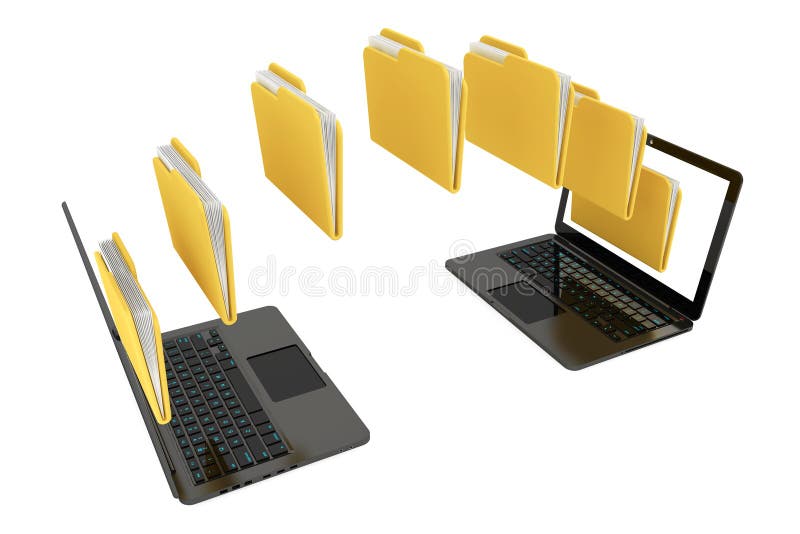 Due computer portatili con le cartelle che trasferiscono fra ogni othe illustrazione di stock Due computer portatili con le cartelle che trasferiscono fra ogni othe illustrazione di stock