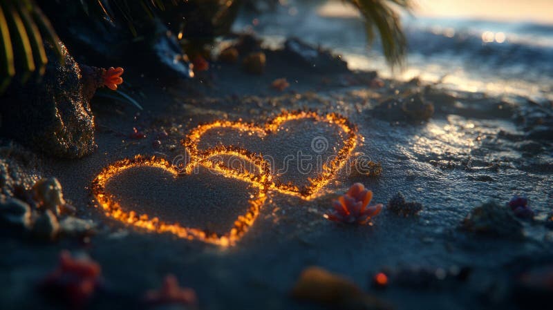 Due cuori caldi disegnati nella sabbia su una spiaggia tropicale al tramonto illustrazione vettoriale