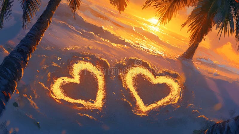 Due cuori disegnati nella sabbia al tramonto su una spiaggia tropicale illustrazione vettoriale