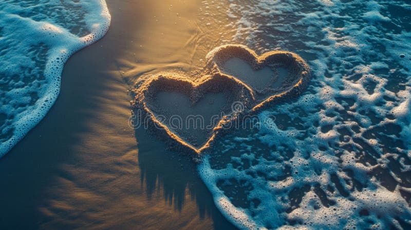 Due cuori disegnati nella sabbia su una spiaggia al tramonto royalty illustrazione gratis