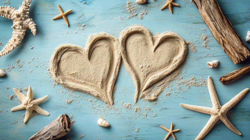 Due cuori disegnati nella sabbia su una spiaggia. Immagine generata da AI