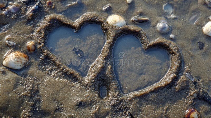 Due cuori disegnati nella sabbia su una spiaggia illustrazione vettoriale