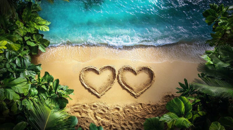 Due cuori disegnati nella sabbia su una spiaggia tropicale royalty illustrazione gratis