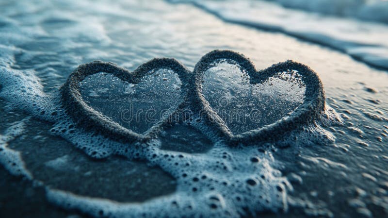 Due cuori disegnati nella sabbia su una spiaggia vicino all'oceano royalty illustrazione gratis