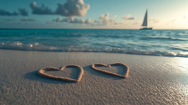 Due cuori disegnati nella sabbia su una tranquilla spiaggia al tramonto royalty illustrazione gratis