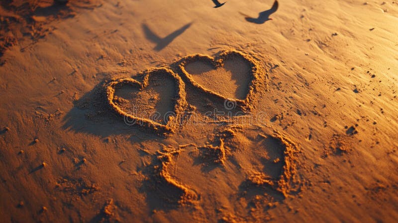 Due cuori disegnati in sabbia dorata su una spiaggia al tramonto royalty illustrazione gratis