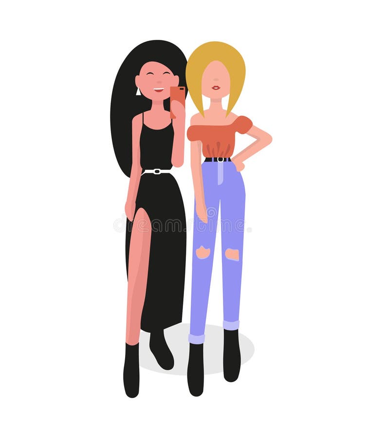 Due donne alla moda che fanno telefono selfy illustrazione vettoriale Due donne alla moda che fanno telefono selfy illustrazione vettoriale