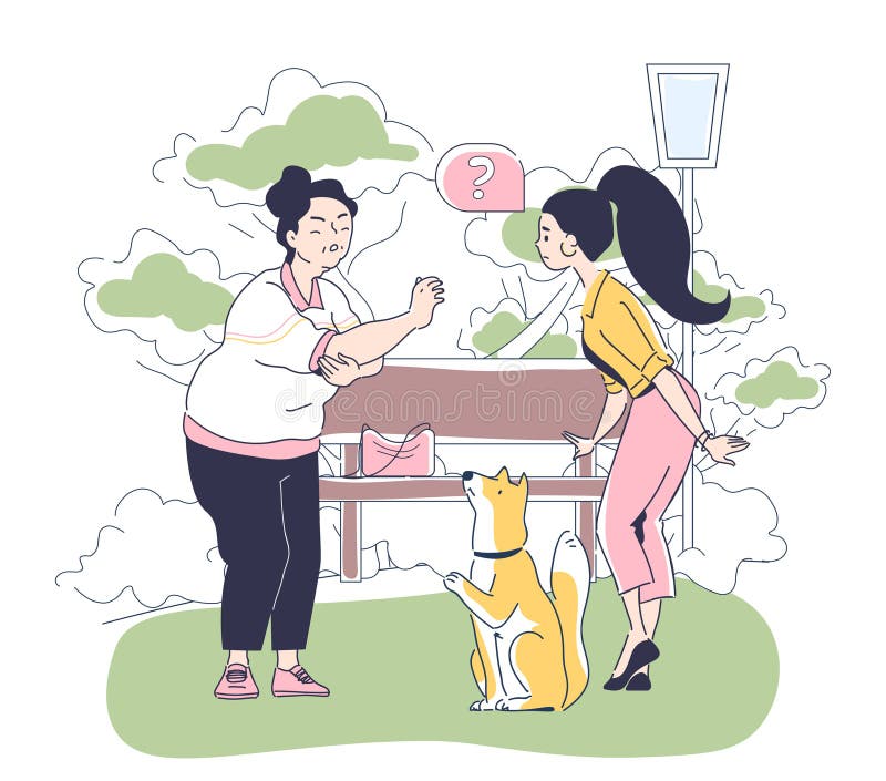 Two women and a dog at a park, in vector style on a white background, illustrating a conversation. Line art style minimalist modern flat vector illustration. Two women and a dog at a park, in vector style on a white background, illustrating a conversation. Line art style minimalist modern flat vector illustration