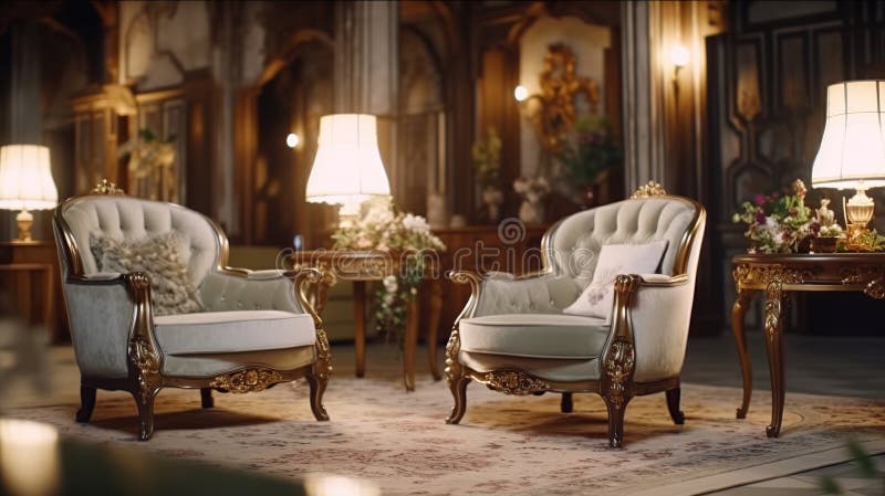 Due eleganti poltrone con congegni floreali e lampade in un grande soggiorno illustrazione di stock
