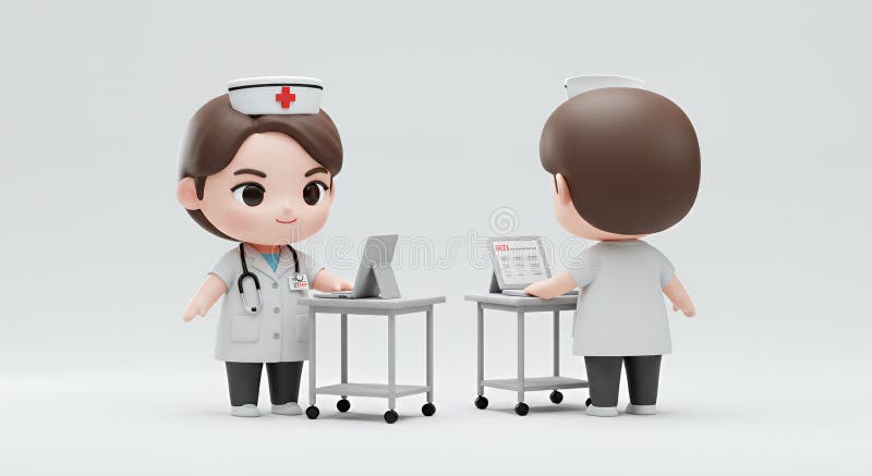 Due felicissimi 3D hanno reso le infermiere coreane Chibi in uniformi bianche usando compresse vicino a carrelli medici isolati su illustrazione di stock