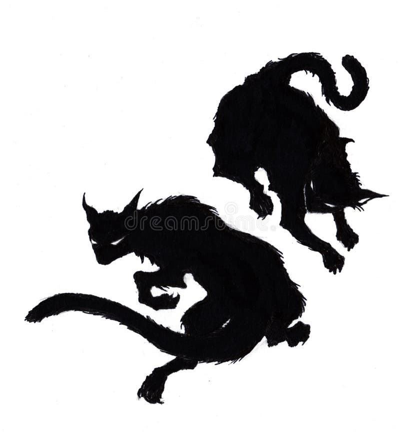 Due gatti neri terrificanti di Halloween in siluetta illustrazione di stock Due gatti neri terrificanti di Halloween in siluetta illustrazione di stock