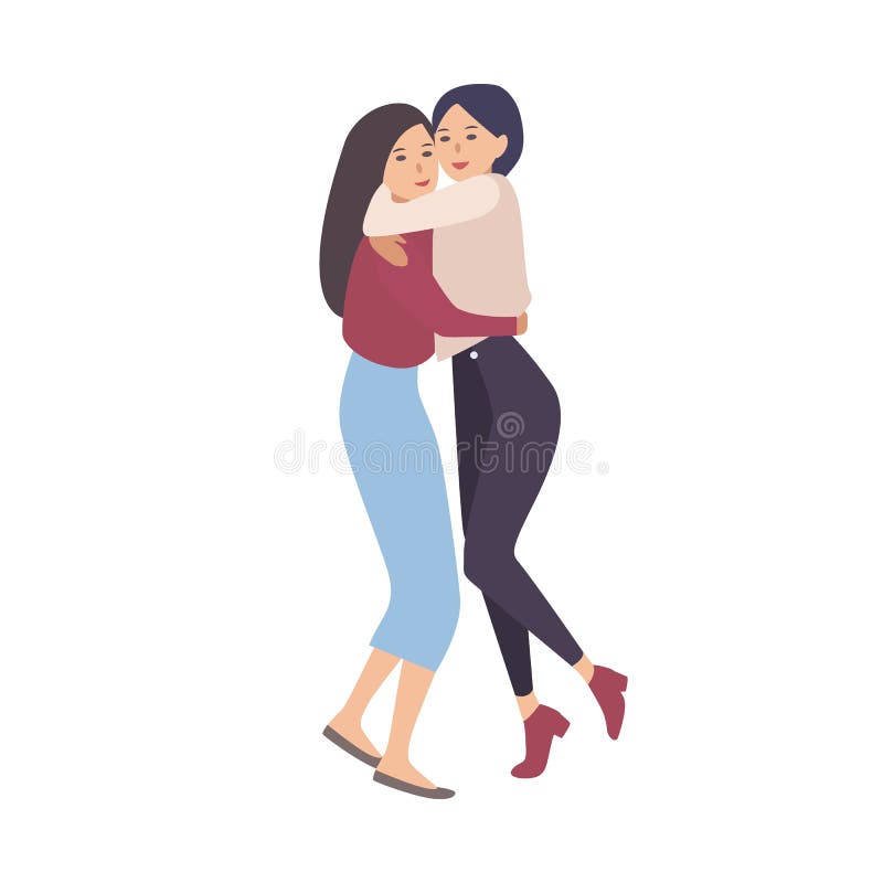 Due giovani donne si sono vestite in vestiti moderni che sorridono e che abbracciano Riunione felice degli amici intimi Personagg royalty illustrazione gratis Due giovani donne si sono vestite in vestiti moderni che sorridono e che abbracciano Riunione felice degli amici intimi Personagg royalty illustrazione gratis