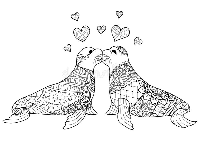 Hand drawn two seals kissing each other for coloring book for adult. Hand drawn two seals kissing each other for coloring book for adult