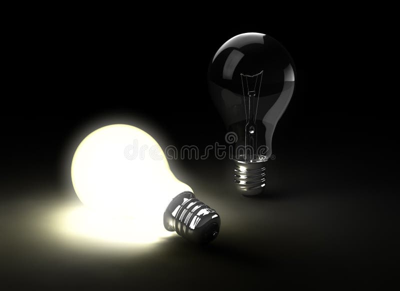 Two light bulbs with one of them switched on. Two light bulbs with one of them switched on