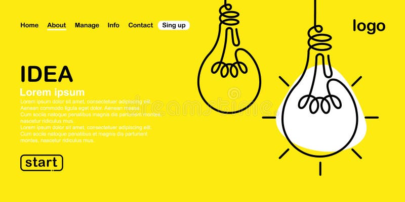 Two light bulbs in a continuous line on a yellow background. Web banner template. Conceptual innovation and inspiration, brainstorming for ideas and innovations, creative thinking process management. Two light bulbs in a continuous line on a yellow background. Web banner template. Conceptual innovation and inspiration, brainstorming for ideas and innovations, creative thinking process management