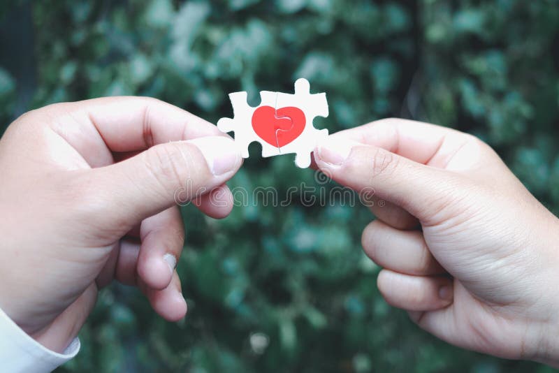 Due mani con due pezzi di rompicapo che formano un cuore rosso sulle foglie verdi un cuore di sfondo sfocato su pezzi di puzzle su immagine stock libera da diritti