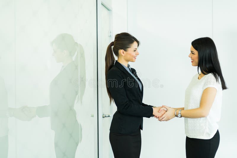 Due mani dello shakig delle donne di affari in un ufficio fotografie stock libere da diritti Due mani dello shakig delle donne di affari in un ufficio fotografie stock libere da diritti