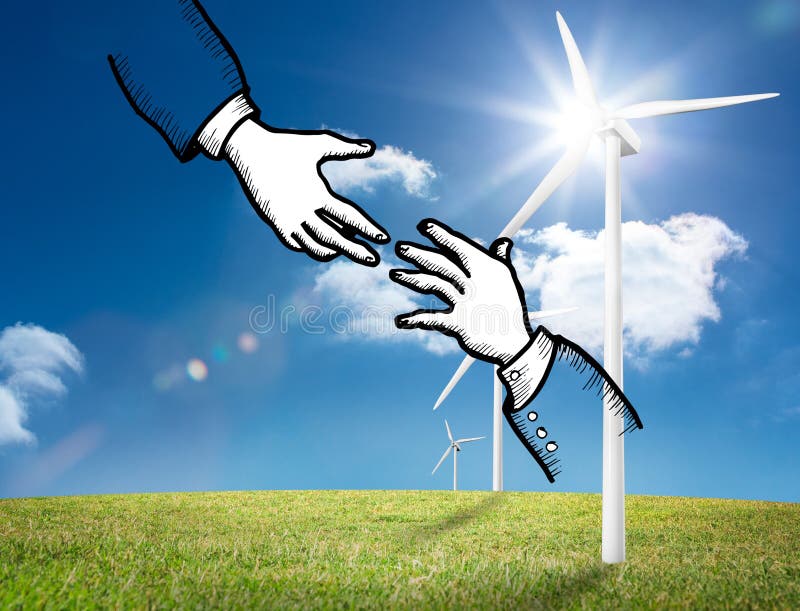 Due mani grafiche sulla campagna luminosa con i generatori eolici illustrazione di stock Due mani grafiche sulla campagna luminosa con i generatori eolici illustrazione di stock