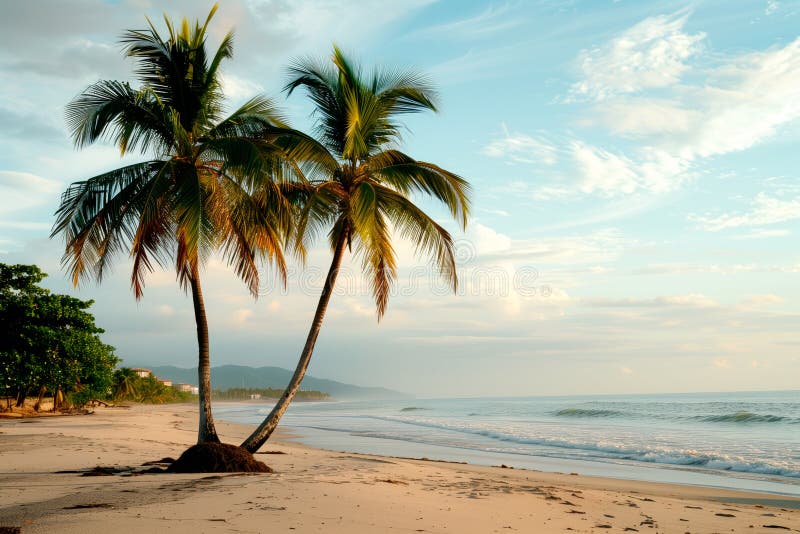 Two palm tree stands tall on sandy beach during sunset. The calm turquoise ocean extends beyond, reflecting the bright sunlight. AI generated. Two palm tree stands tall on sandy beach during sunset. The calm turquoise ocean extends beyond, reflecting the bright sunlight. AI generated