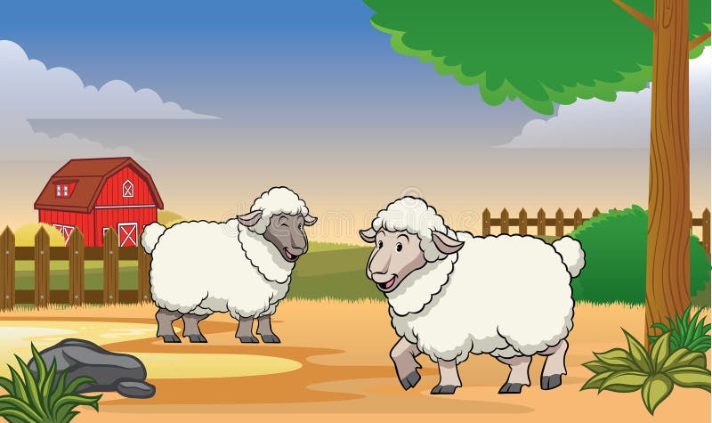 Due pecore felici nell'azienda agricola con stile del fumetto illustrazione di stock Due pecore felici nell'azienda agricola con stile del fumetto illustrazione di stock