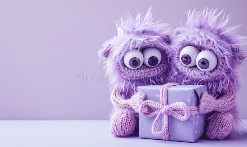 Due piccoli mostri di lana viola tenevano in mano un regalo avvolto sullo sfondo di violetto royalty illustrazione gratis