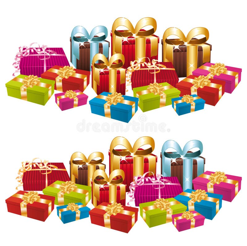 Due pile di regali festivi variopinti. royalty illustrazione gratis
