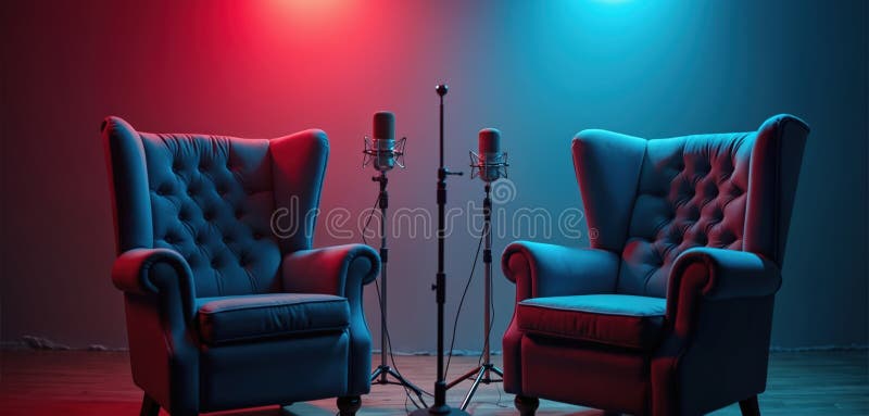 Due poltrone con microfoni in studio. Configurazione intervista radio registrazione podcast. Intervista con i media di talk show o royalty illustrazione gratis