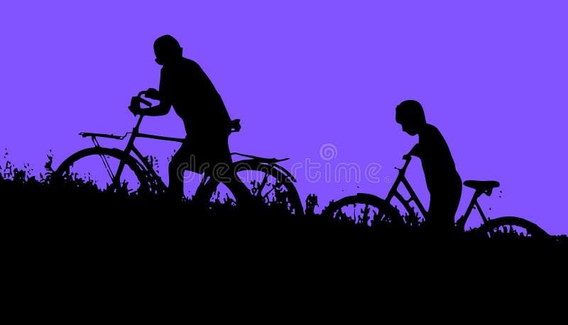 Due ragazzi con le bici nel campo illustrazione di stock Due ragazzi con le bici nel campo illustrazione di stock