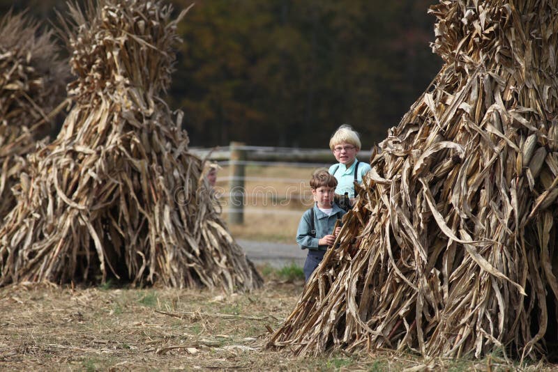 Due ragazzi di Amish che giocano dalle scosse di cereale fotografie stock libere da diritti Due ragazzi di Amish che giocano dalle scosse di cereale fotografie stock libere da diritti