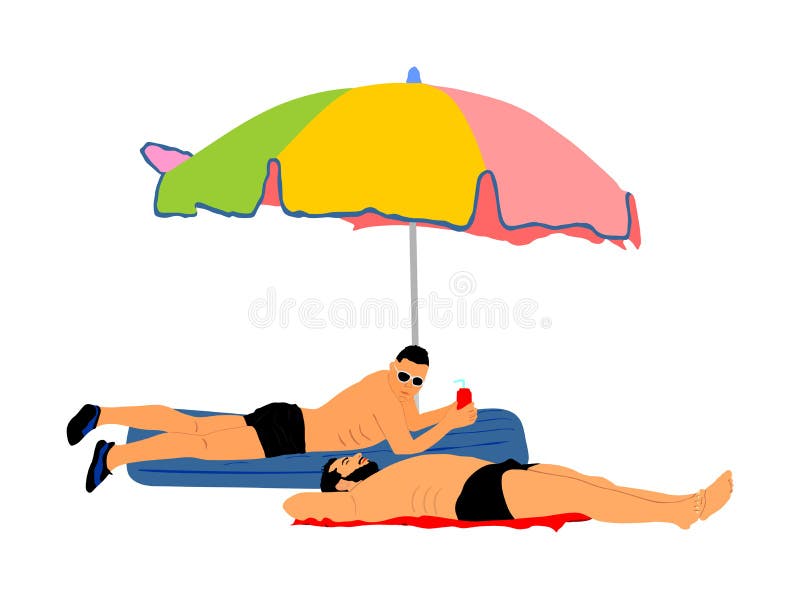 Due ragazzi omosessuali che si trovano sull'illustrazione della spiaggia Omosessuale bello che prende il sole sotto il parasole T
