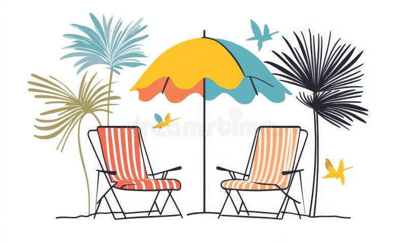 Due sedie da spiaggia a strisce sotto un ombrello colorato circondato da piante tropicali e uccelli royalty illustrazione gratis