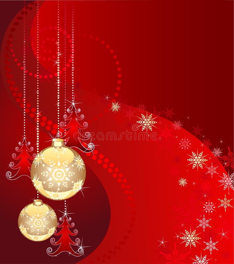 Christmas tree decorations: two gold new-year ball and three transparent christmas tree on a red background with snowflakes. Christmas tree decorations: two gold new-year ball and three transparent christmas tree on a red background with snowflakes