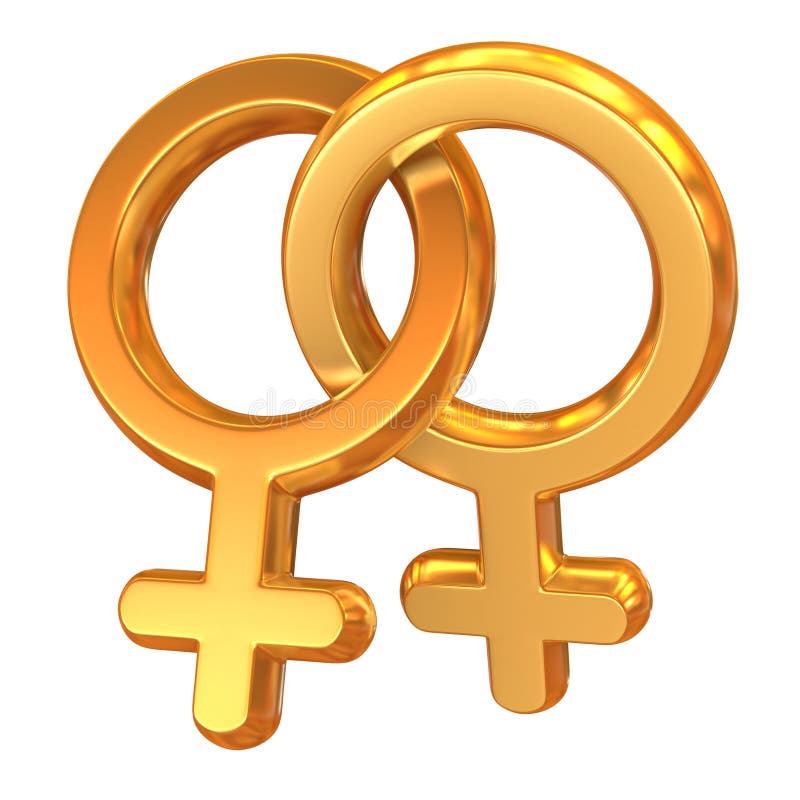 Two female symbols crossed representing gay relationship, golden, isolated over white background, 3d concept. Two female symbols crossed representing gay relationship, golden, isolated over white background, 3d concept