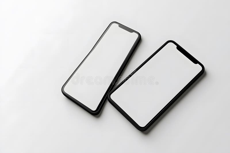 Due smartphone moderni con schermi bianchi in bianco su una superficie bianca minimalista e pulita illustrazione vettoriale