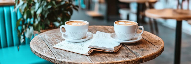 Due tazze di caffè e un libro di schizzo aperto su un tavolo da caffè rustico creatività e ispirazione royalty illustrazione gratis