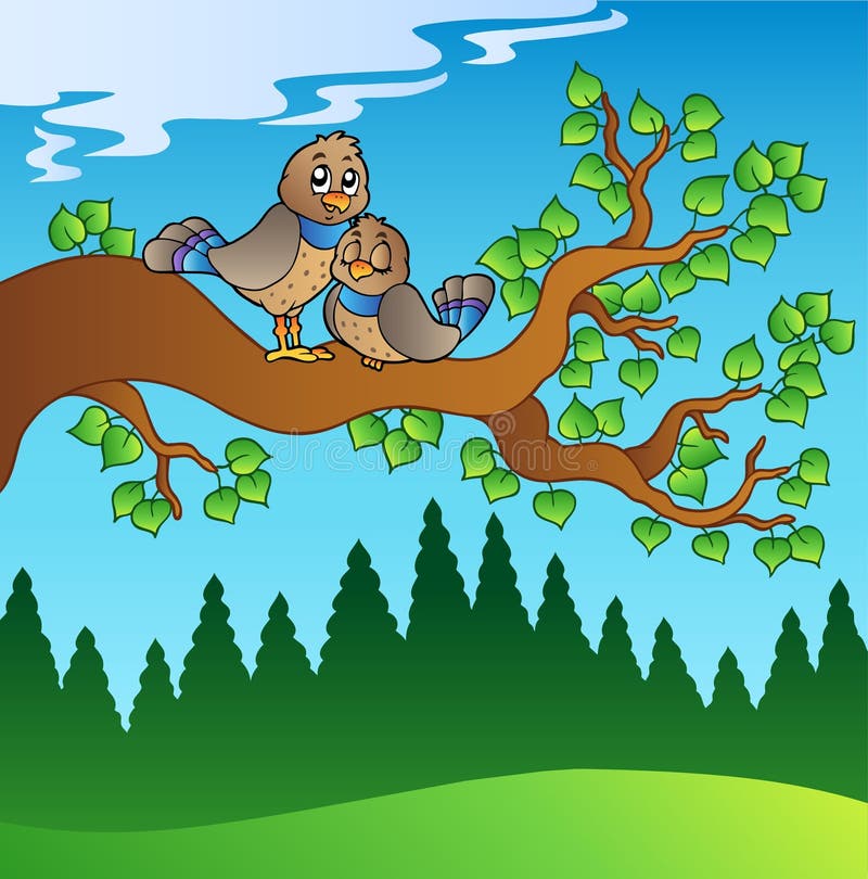 Due uccelli svegli che si siedono sulla filiale royalty illustrazione gratis Due uccelli svegli che si siedono sulla filiale royalty illustrazione gratis