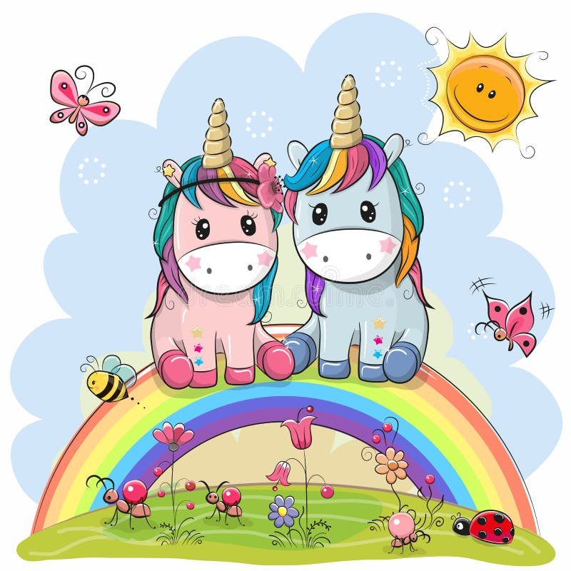 Due unicorni del fumetto stanno sedendo sull'arcobaleno illustrazione di stock Due unicorni del fumetto stanno sedendo sull'arcobaleno illustrazione di stock