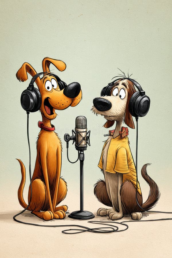 Due vignette con cuffie posizionate attorno a un microfono in uno studio per una registrazione comica in podcast royalty illustrazione gratis